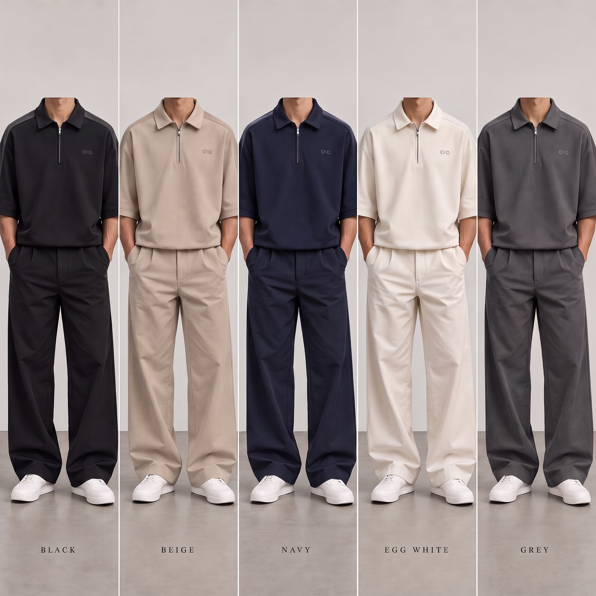 Collection 001 — five colourways of the OIO zip polo and trouser set