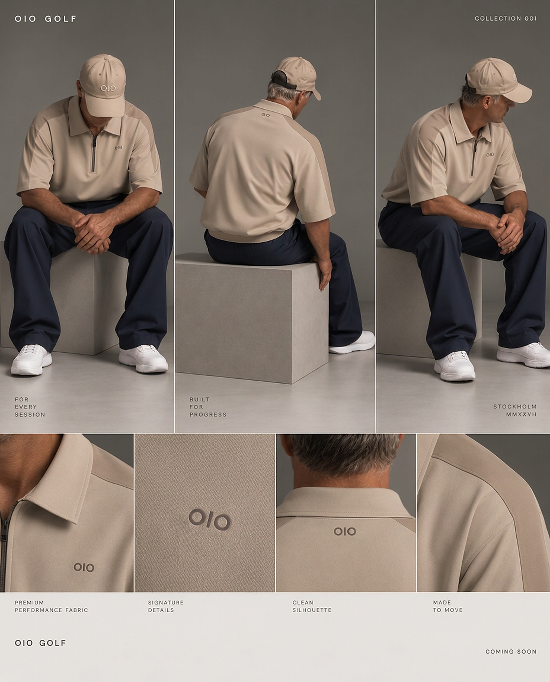 OIO Golf Collection 001 editorial — beige polo and navy trousers, detail shots