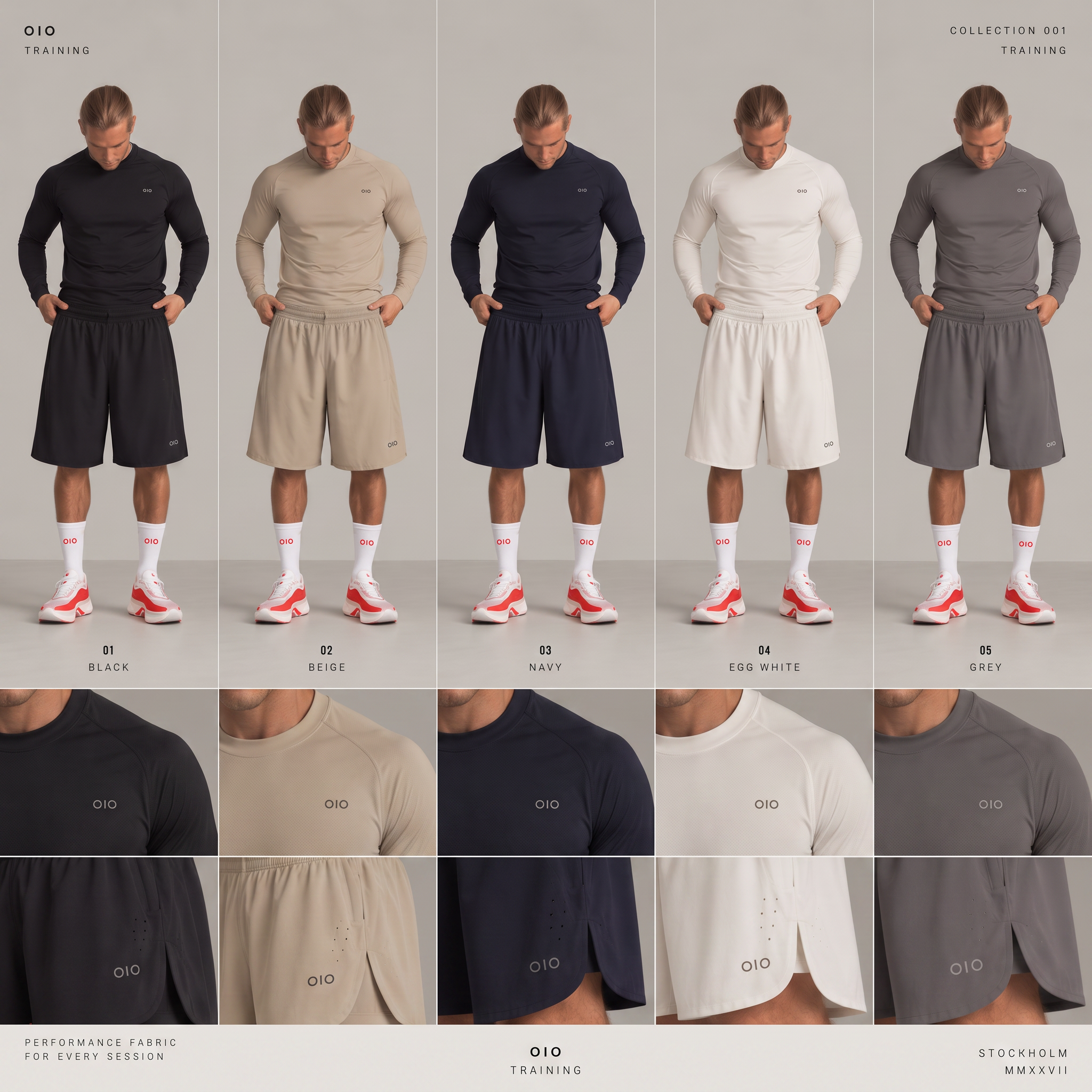 OIO Training Collection 001 — five colourways of long-sleeve top and shorts