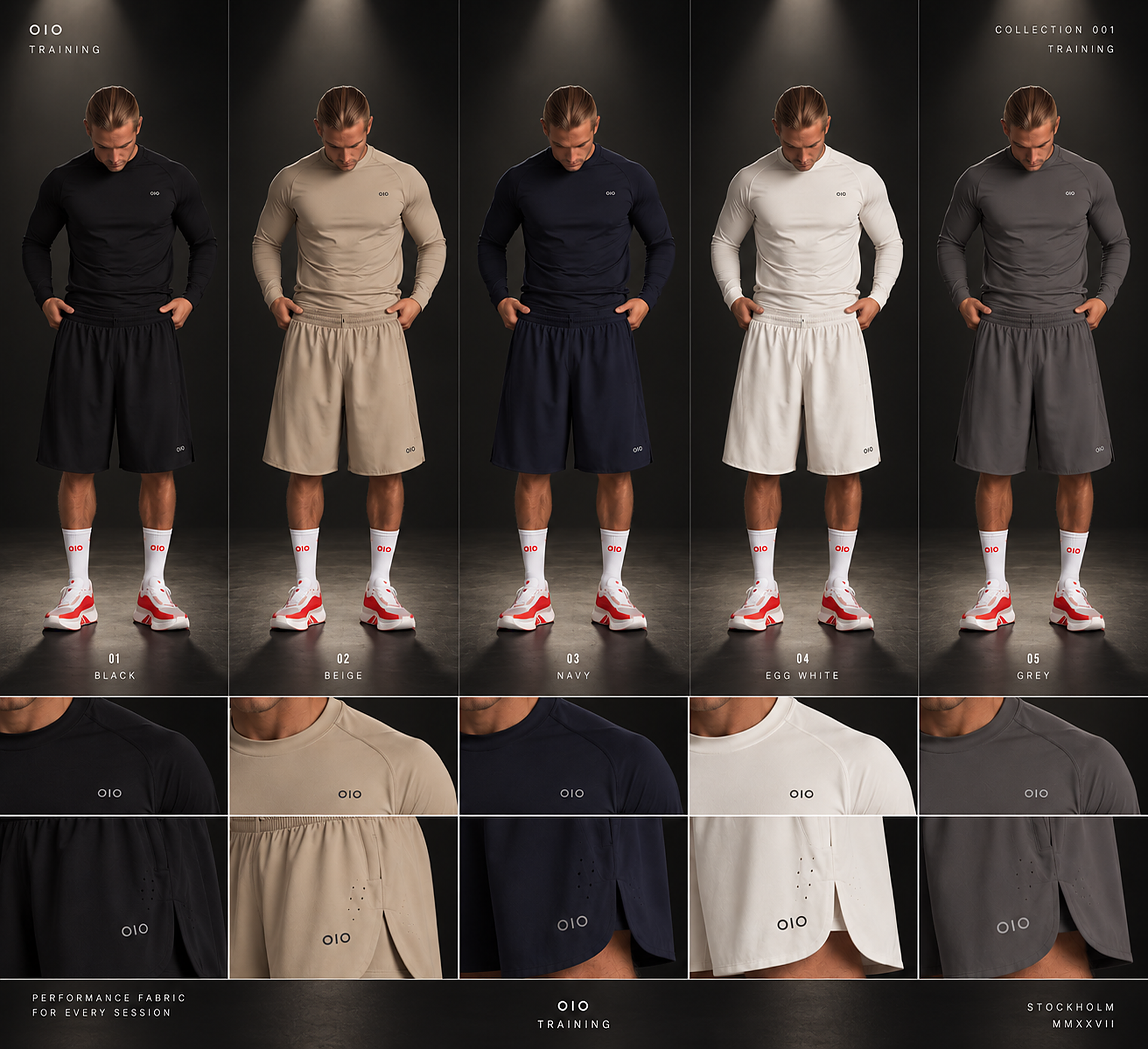 OIO Training Collection 001 — five colourways of long-sleeve top and shorts