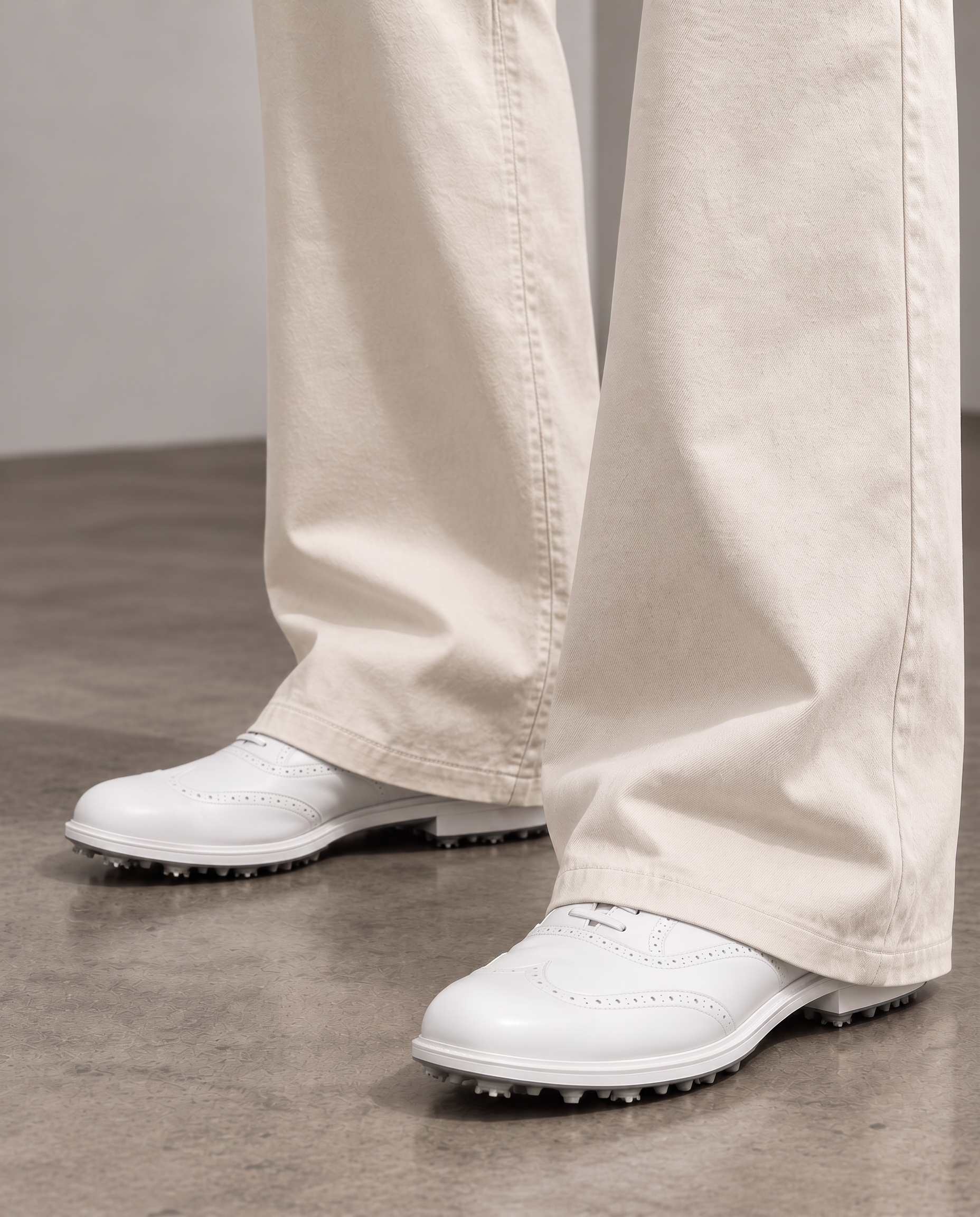 OIO cream trousers with white leather golf shoes