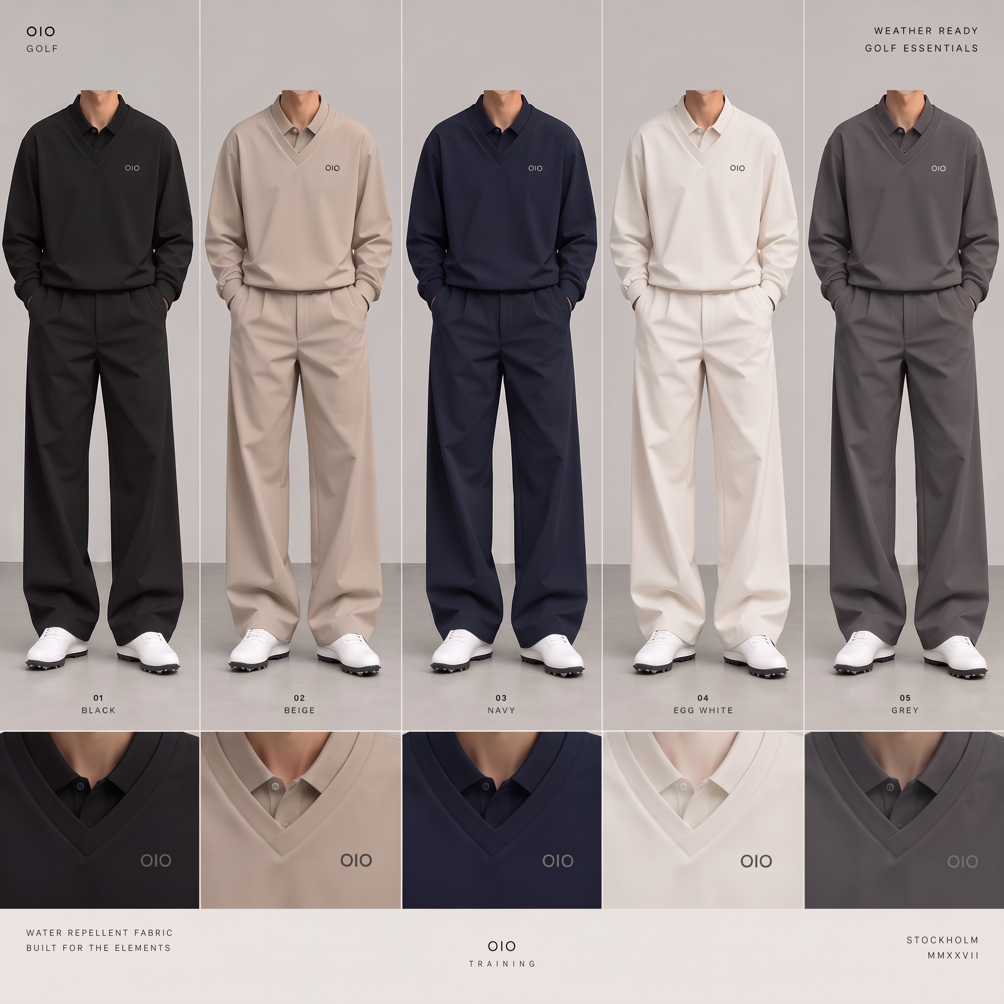 OIO Golf Collection 001 — five colourways of the golf pullover and trouser set